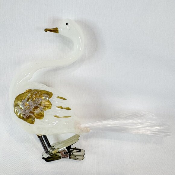 White Swan Christmas Blown Glass Bird Spun Glass Tail Tree Clip German Ornament - Picture 2 of 6